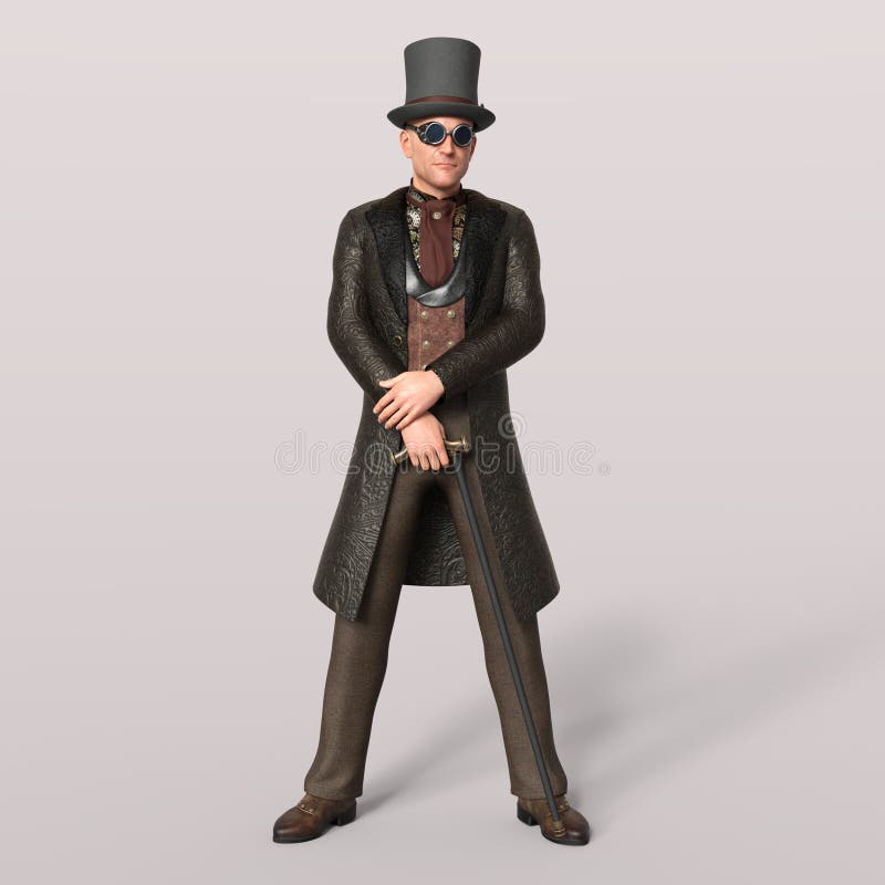 3D-illustration of a victorian steampunk gent character with top hat. isolated rendering object