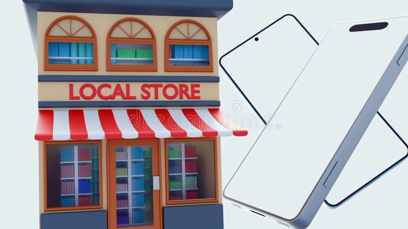 A \'Local Store\' building emerging from the screen of a white smartphone stock illustration