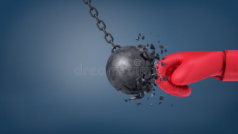 3d rendering of swinging wrecking ball crashes when collides with a huge red boxing glove. Business and success. Fight against trouble. Withstand bad times.