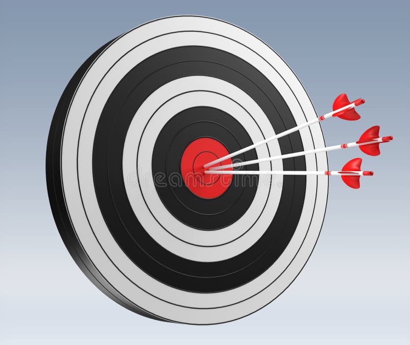 3D rendering target black white and red target with arrows stock illustration