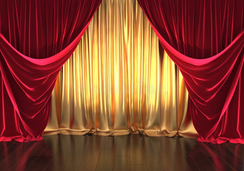 3D rendering, theater stage, golden curtains and red velvet