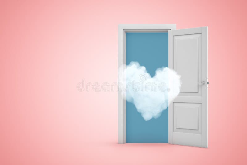 3d rendering of thin heart-shaped cloud flying out from open doorway on pink gradient copyspace background. stock illustration