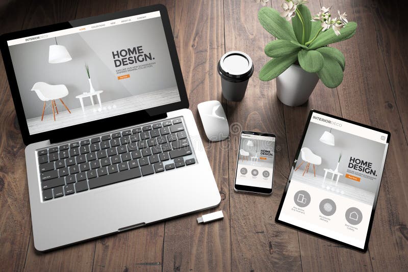 Three Devices On Wooden Desk Top View Interior Design Website Stock