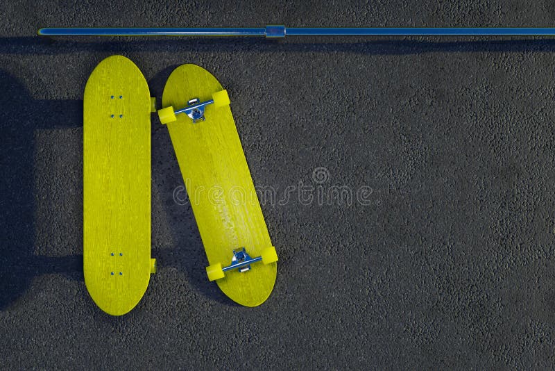 Two Yellow Skateboards on Asphalt Ground in a Skatepark Stock