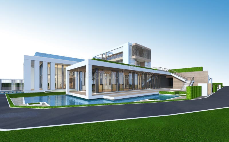 3D rendering of tropical house with clipping path.