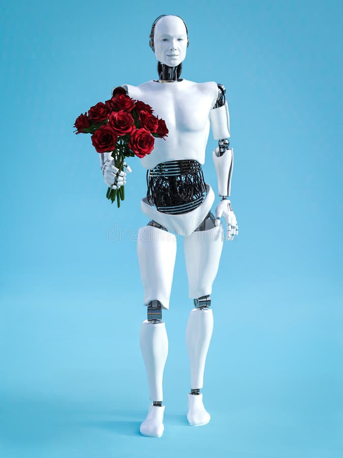 3D rendering trzyma bukiet róże męski robot ilustracji 3D rendering trzyma bukiet róże męski robot ilustracji