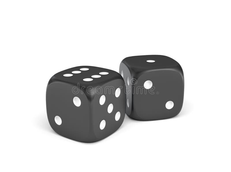 3d rendering of two black dice with white dots standing close to each other on a white background. Win or lose. Catch your luck. Gambling equipment.