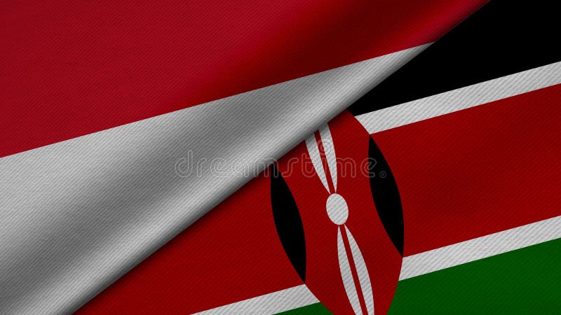 3D Rendering of two flags from Republic of Indonesia and Republic of Kenya together with fabric texture, bilateral relations stock illustration