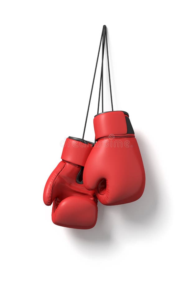 3d rendering of two red boxing gloves hanging on a long black string on a w...