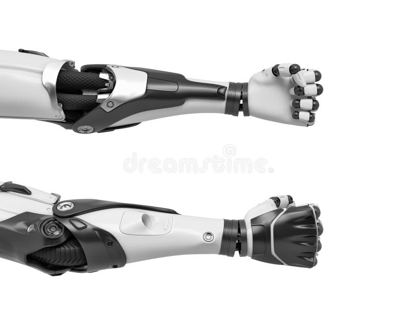 3d rendering of two robot arms with tight fists shown from front and back sides of the hand. vector illustration
