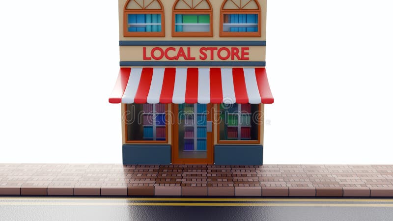 A two-story \'LOCAL STORE\' building on a paved surface. stock illustration