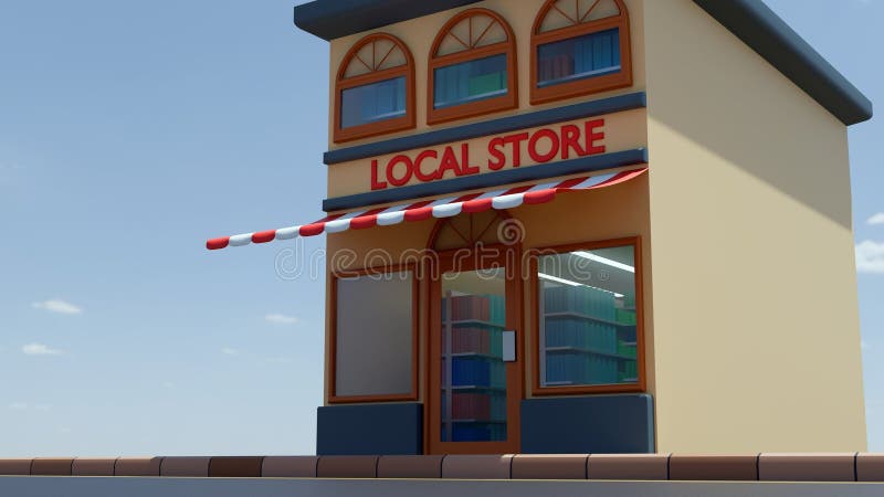 A two-story \'LOCAL STORE\' building on a paved surface. stock illustration