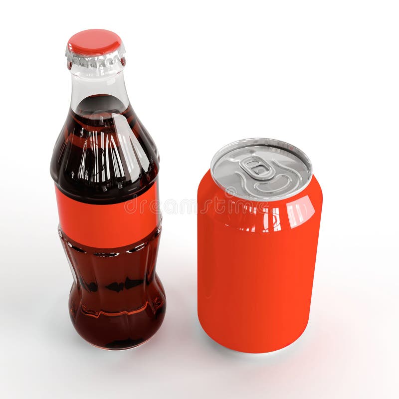 A 3d rendering of an untitled coke bottle and can isolated on white background. Coke can illustrations