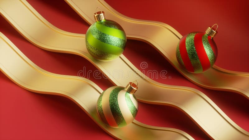 3d-rendering. vanligt julklapp. strimlade glasbollar rullar på golden wavy road över den röda bakgrunden vektor illustrationer