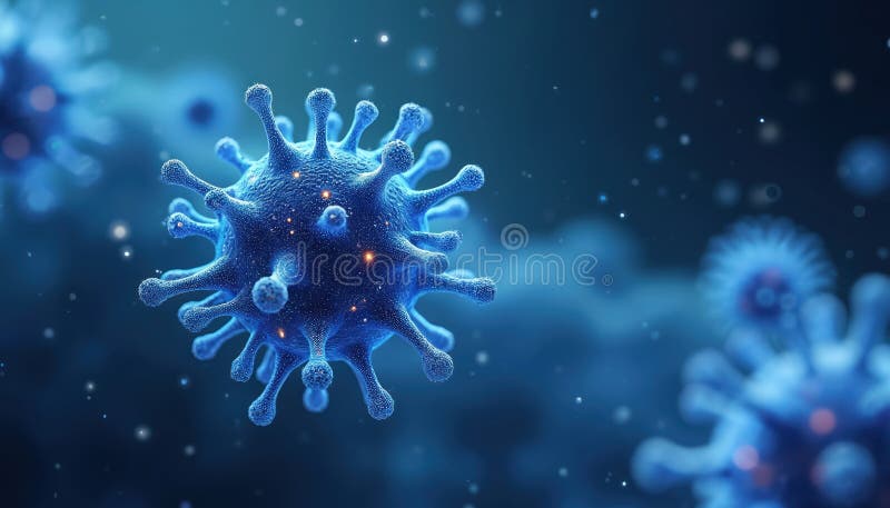 3D rendering of a virus with rich surface details on blue background. Technology medical concept illustration. Microscopic view vector illustration