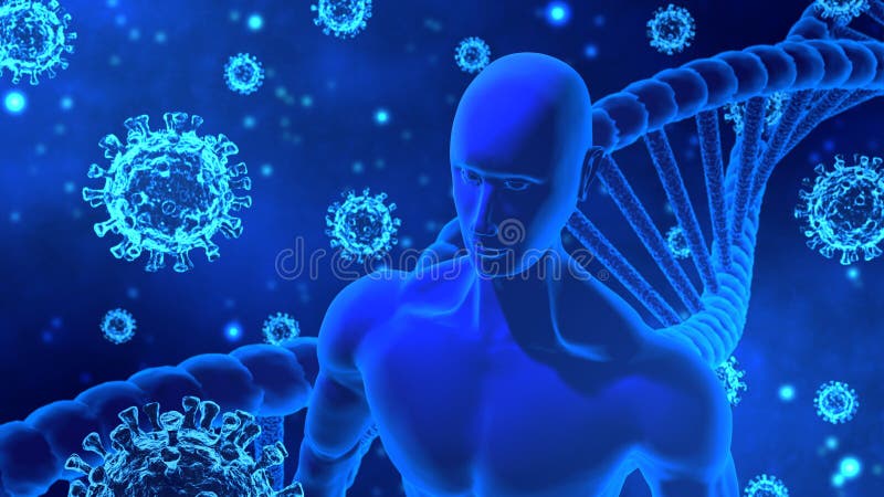 3d rendering viruscovid19 corpo umano e modello di elica dna nell'immagine di sfondo blu astratto royalty illustrazione gratis