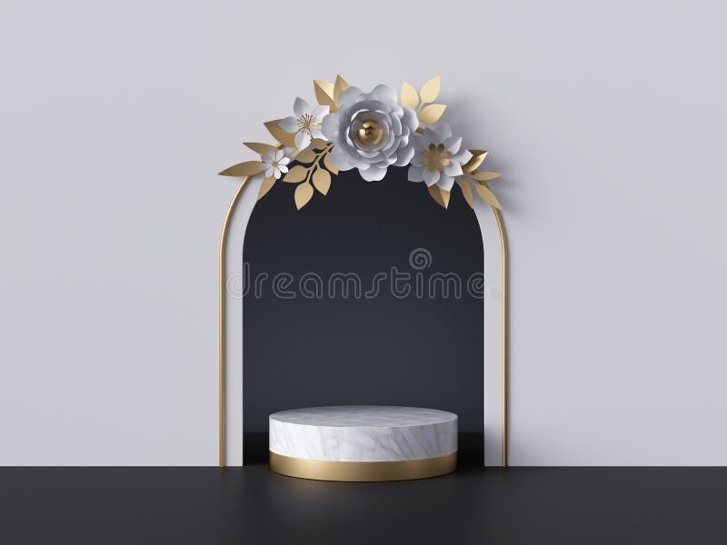 3d-rendering, vit marmorskal, båge med papperblommor och guldblad, svart golv Bakgrund för sammanfattad mode Cylinder royaltyfri illustrationer