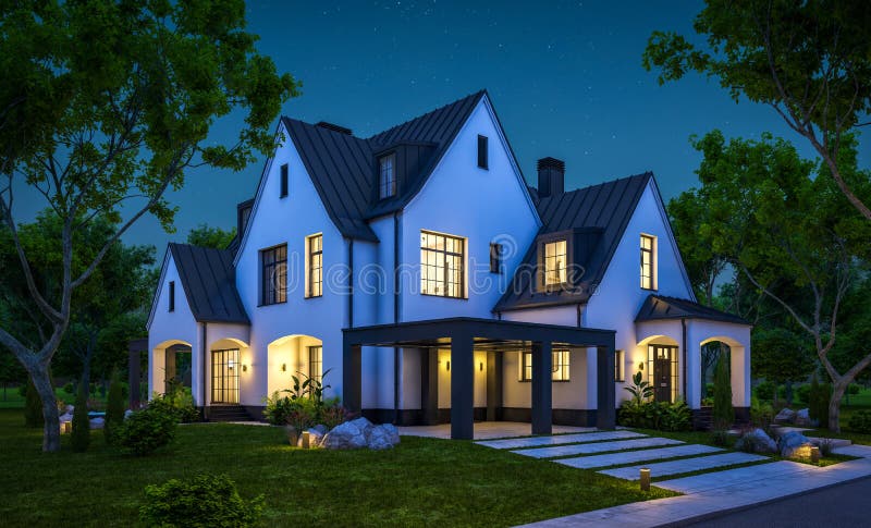 3d Rendering Of White And Black Modern Tudor House In Night Stock 3d-rendering-of-white-and-black-modern-tudor-house-in-night-stock