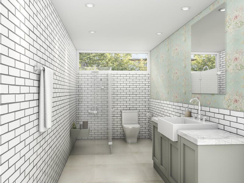 3d Rendering White Brick Style with Wallpaper Bathroom and Restroom