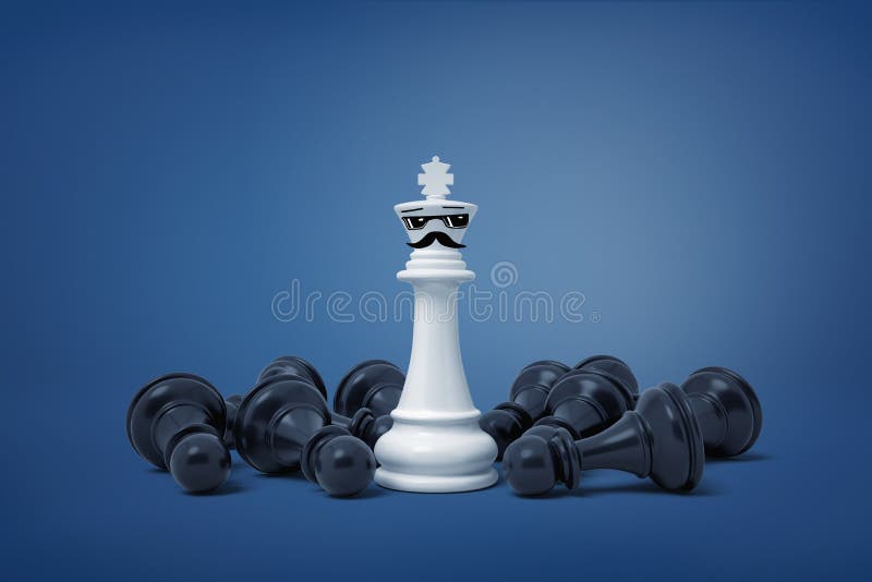 3d rendering of white chess king with painted glasses and moustache stands surrounded by fallen black pawns.