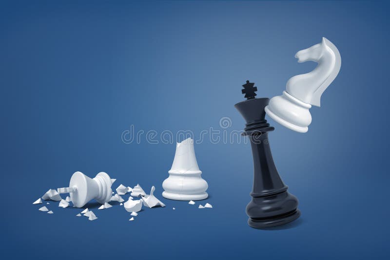 3d rendering of white chess knight hits a black king near broken pieces of a white king.