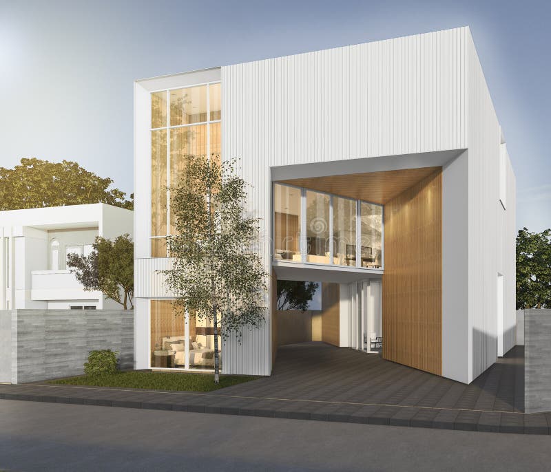 3d Rendering White Cubic House With Modern Design Stock