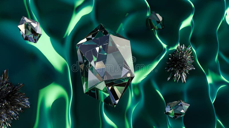 3D rendering of white diamonds placed on a green beautiful cloth stock illustration
