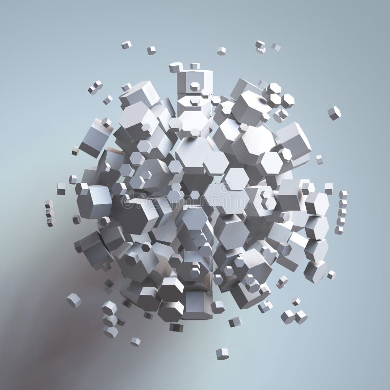 3D rendering of white hexagonal prism. Sci-fi background. Abstract sphere in empty space. stock illustration