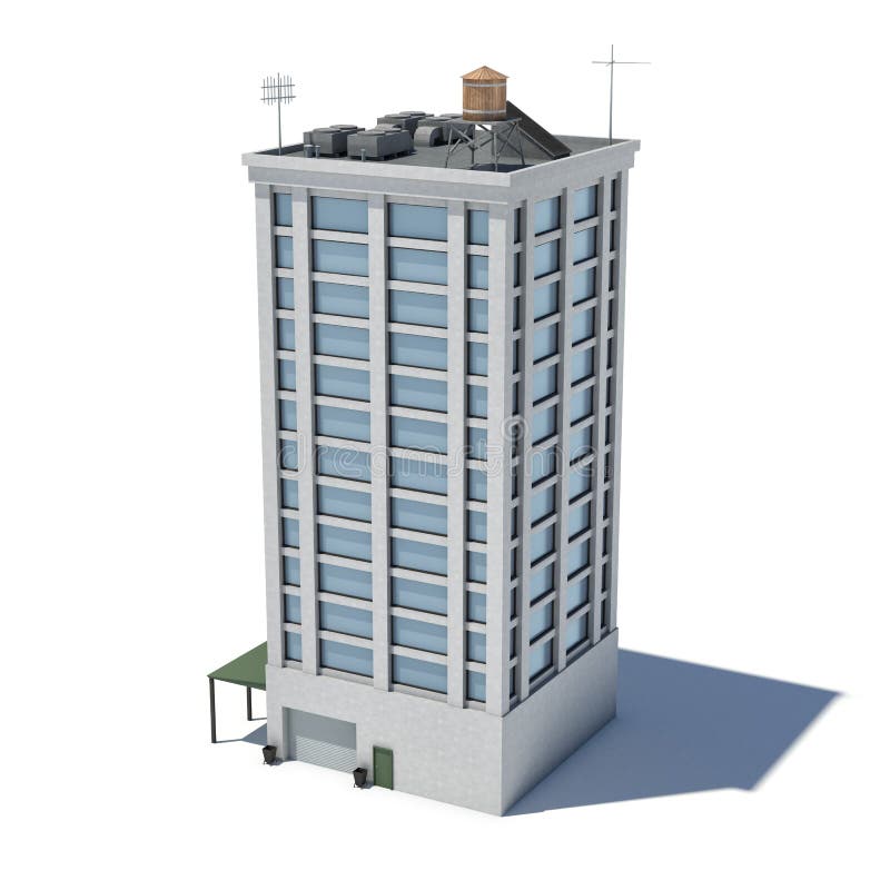 3d rendering of a white high office building with many large windows and a garage on the ground floor. stock illustration 3d rendering of a white high office building with many large windows and a garage on the ground floor. stock illustration