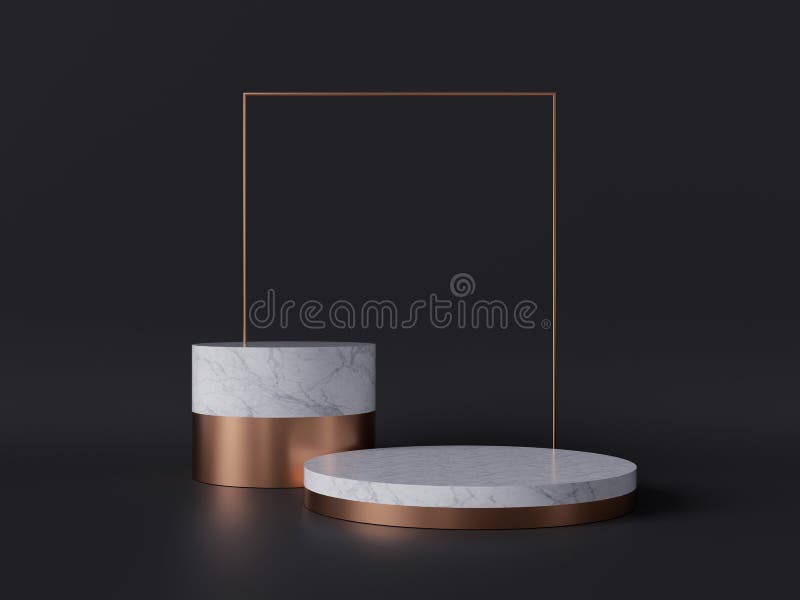 3d rendering of white marble pedestal isolated on black background, gold square frame, two cylinder blocks, abstract minimal