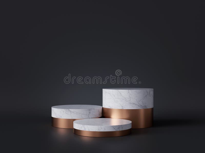 3d rendering of white marble pedestal isolated on black background, three cylinder blocks, abstract minimal concept, blank space