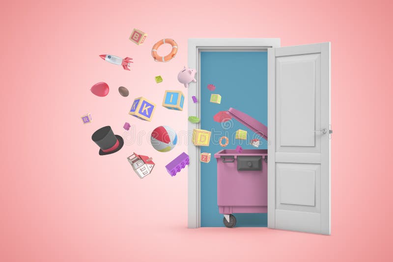3d rendering of a white open doorway with random objects flying out of pink trash bin on light pink background vector illustration