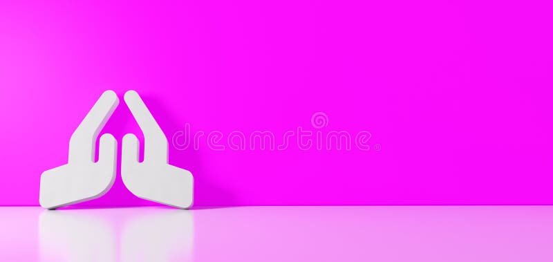 3D rendering of white symbol of praying hands icon leaning on color wall with floor reflection with empty space on right side