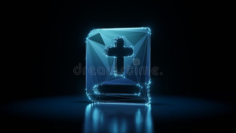 3d rendering wireframe neon glowing symbol of bible on black background with reflection royalty free illustration