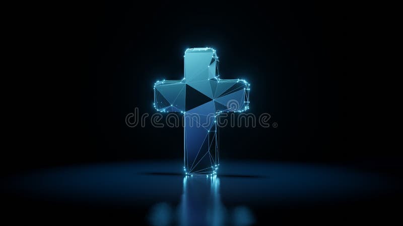 3d rendering wireframe neon glowing symbol of cross on black background with reflection vector illustration