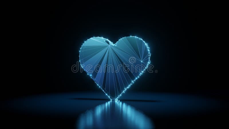 3d rendering wireframe neon glowing symbol of heart on black background with reflection royalty free illustration