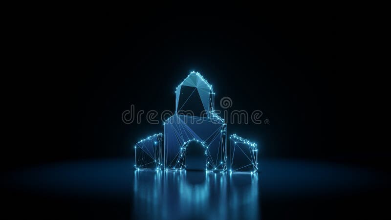 3d rendering wireframe neon glowing symbol of place of worship on black background with reflection vector illustration