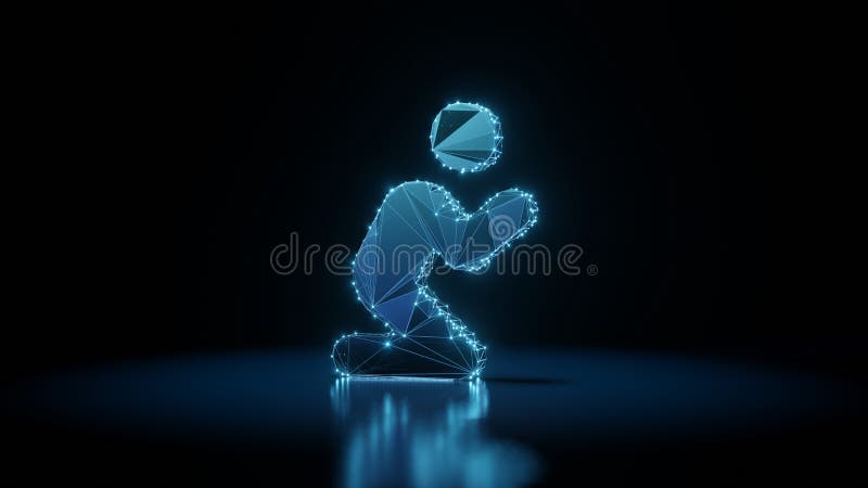 3d rendering wireframe neon glowing symbol of pray on black background with reflection vector illustration