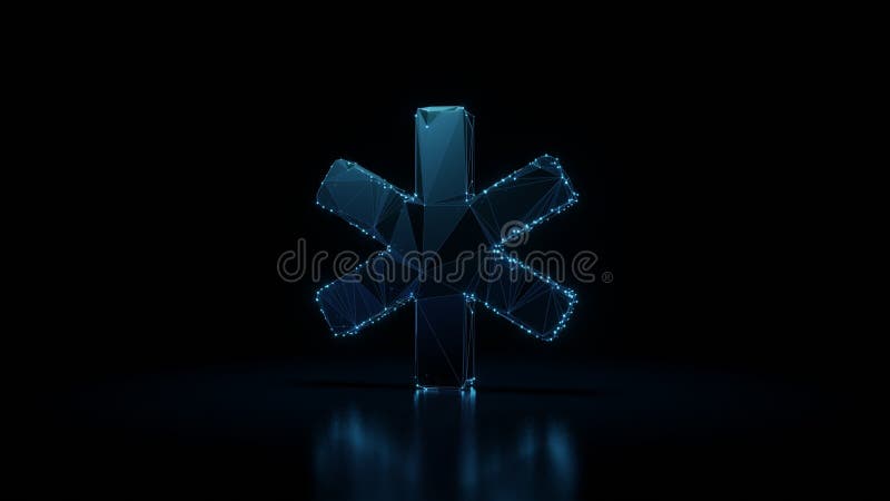 3d rendering wireframe neon glowing symbol of star of life on black background with reflection stock illustration