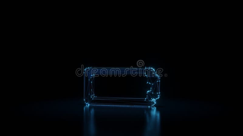 3d rendering wireframe neon glowing horizontal symbol of battery empty on black background with reflection. 3d rendering wireframe digital techno neon glowing horizontal symbol of battery empty with shining dots on black background with blured reflection on floor