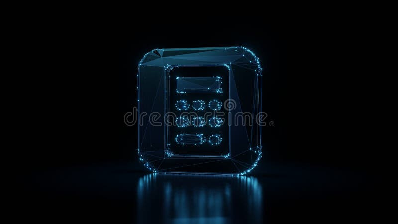 3d rendering wireframe neon glowing icon of calculator app on black background with reflection stock illustration