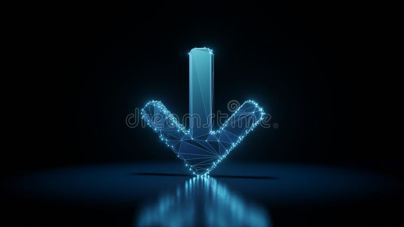 3d rendering wireframe neon glowing symbol of arrow down on black background with reflection stock illustration