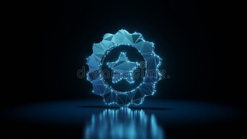 3d rendering wireframe neon glowing symbol of badge on black background with reflection royalty free illustration