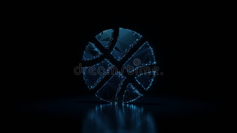 3d rendering wireframe neon glowing symbol of basketball ball on black background with reflection stock illustration