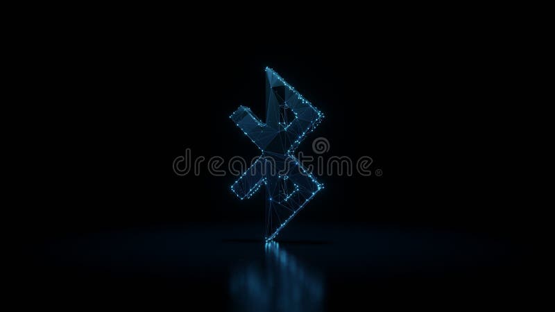 3d rendering wireframe neon glowing symbol of Bluetooth on black background with reflection stock illustration