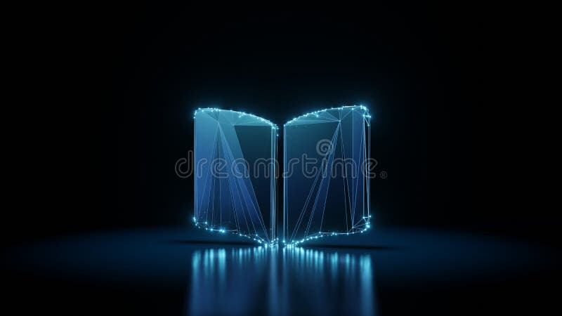 3d rendering wireframe neon glowing symbol of book open on black background with reflection stock illustration