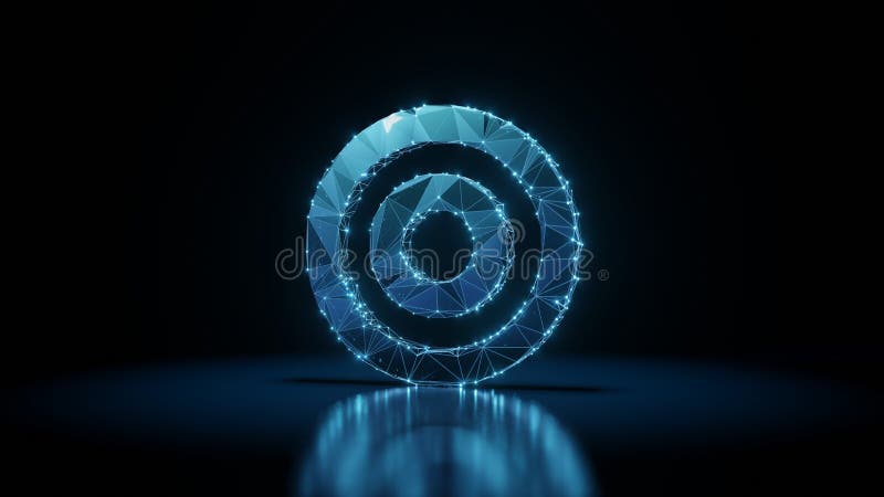 3d rendering wireframe neon glowing symbol of bullseye on black background with reflection stock illustration