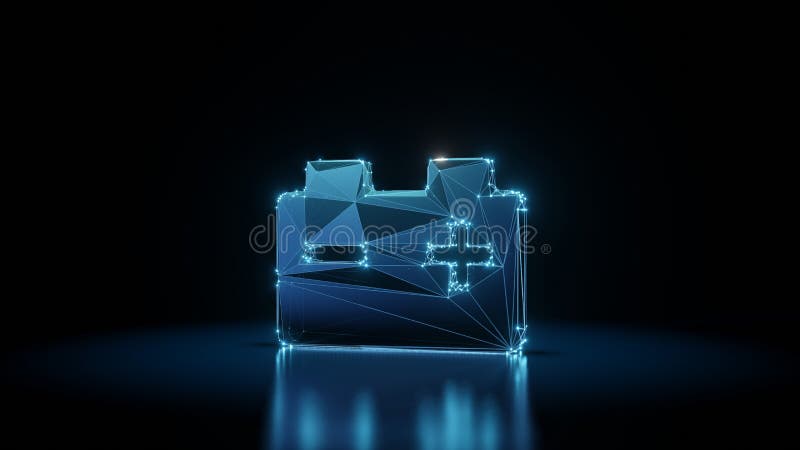 3d rendering wireframe neon glowing symbol of car battery on black background with reflection stock illustration