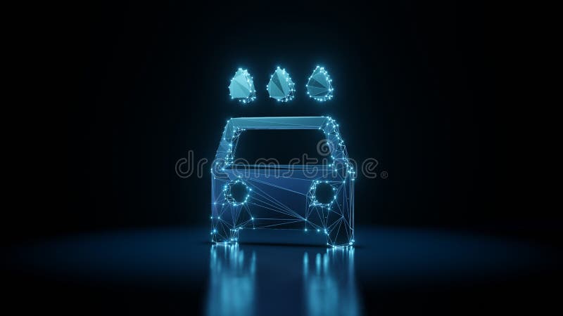 3d rendering wireframe neon glowing symbol of car wash on black background with reflection vector illustration