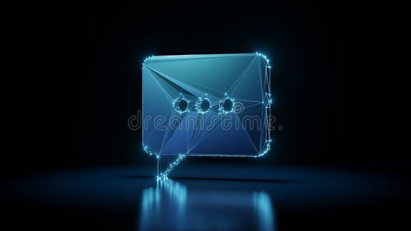 3d rendering wireframe neon glowing symbol of chat bubble on black background with reflection stock illustration